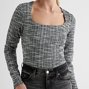 Body Contour Tweed Scoop Neck Long Sleeve Bodysuit